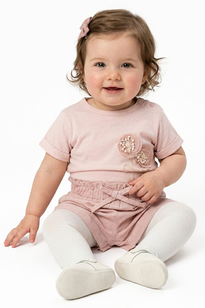 bebegen Baby Girl Pink Bud Flower Embossed Shorts Set of 2