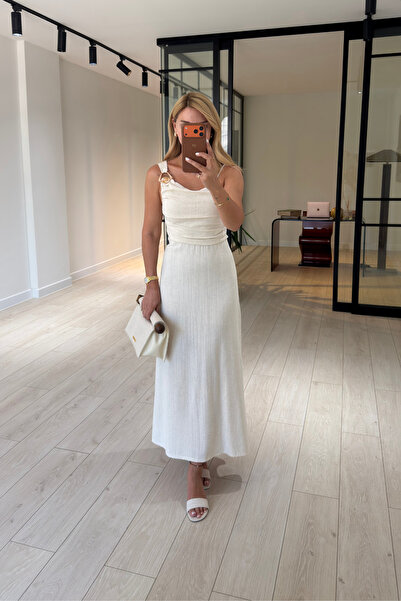 Sezgi Tekin Draped Natural Beige Linen Dress with Shoulder Accessory Detail