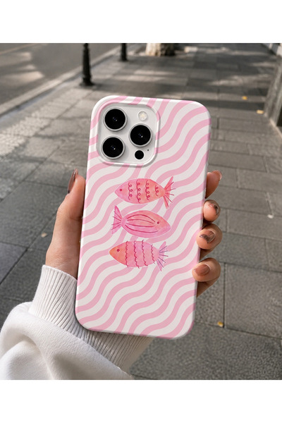 OVADA İphone 15 Pro Max Uyumlu Pembe Balık Desenli Kadife Soft Telefon Kılıfı