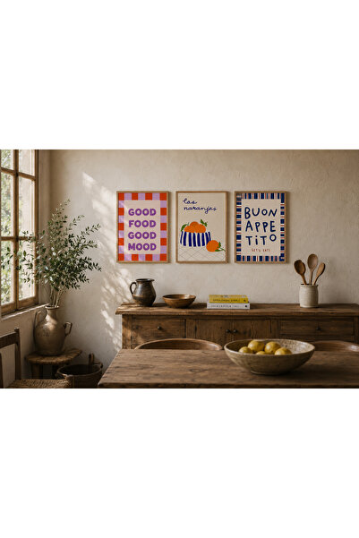 Boho wellness studio Ahşap Çerçeveli Good Food Good Mood Mutfak Poster Seti