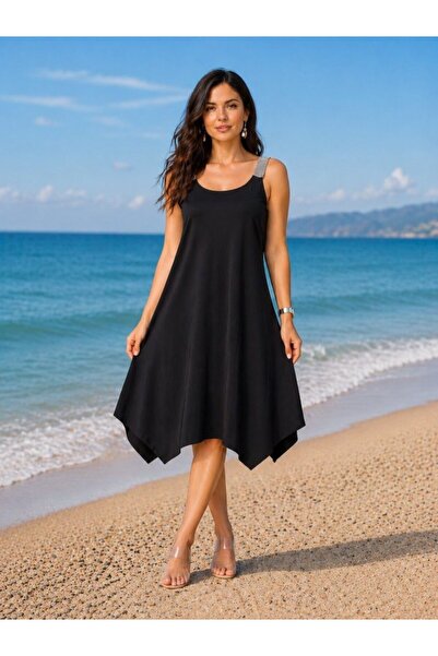 Wear Up Women's Strappy Round Neck Asymmetrical Cut Detailed Midi Viscose Dress