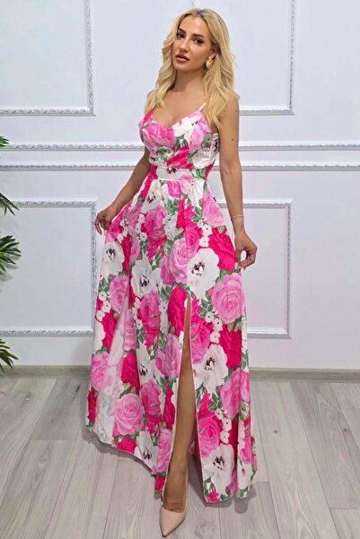 FashionForYou Long dress Camelea, floral print, open back and bow, Fucsia Ros...