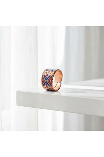 Erol Bakır Copper Blue Red Cross Patterned Wide Form Adjustable Ring