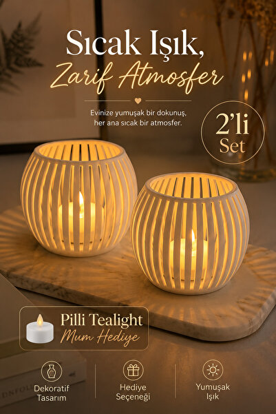 Makerpax Minipax Beyaz Yuvarlak Dekoratif Tealight Mumluk 2’li Set - Pilli Te...