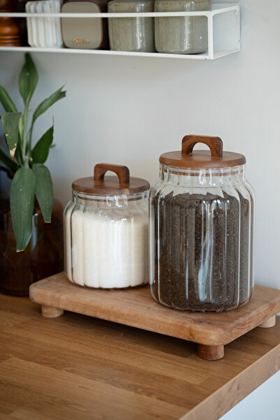 Dekorzdükkan Ligna Set of 2 Acacia Vacuum Lined Striped Glass Jars with Lids ...