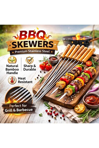 IQRAA BBQ Stainless Steel Skewers with Wooden Handle Barbecue Grill Sticks