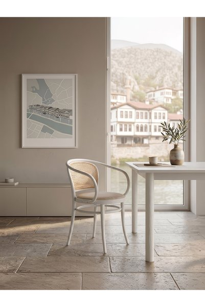 Gazzini Furniture Amasya Kolçaklı Hazeranlı Döşemeli Ahşap Sandalye