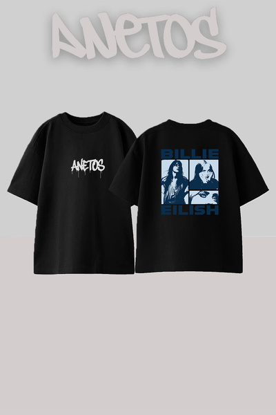 Anetos Μπλουζάκι Billie Eilish_55 με στάμπα σχεδίου, Unisex, Oversize, Μαύρο