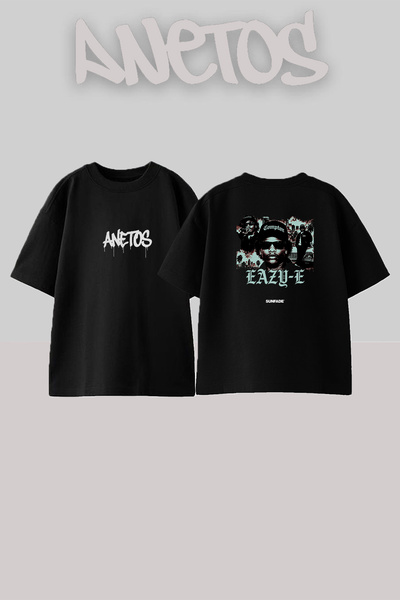 Anetos Μαύρο μπλουζάκι Eazy E_1 με στάμπα σχεδίου, unisex, oversize