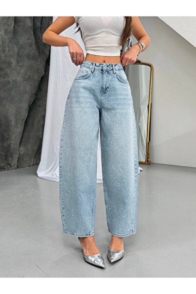 Vooz Women's Stoned Skater Fit Jean Pants High Waist Wide Leg Light Blue Deni...