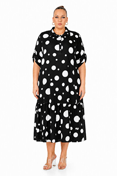 DARKWIN Plus Size Shirt Collar Polka Dot Patterned Flounce Midi Length Loose ...