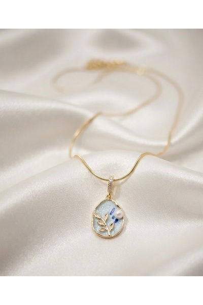 Melanj Craft Pearl and Leaf Symbol Turquoise Steel Necklace - Gold