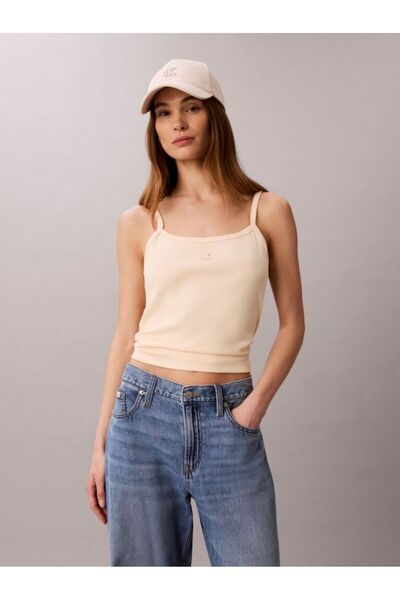 Calvin Klein Kadın İp Askılı Kare Yaka CK Logo İşlemeli Bej Atlet