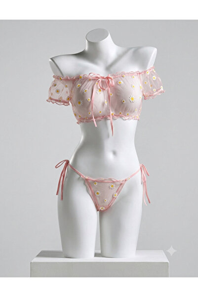 Sthxyfaith Womens Lingerie Self Tie Ruffle Trim Dobby Teddy Mesh See Through ...