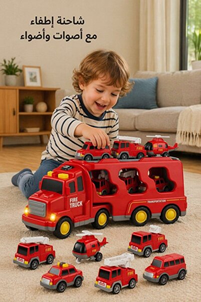 HQ-GAMING 5Pcs Abs Friction Light Sound Fire Truck Carrier Set Push Go Rescue...