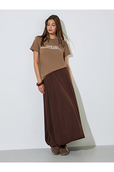 Styli Brown Slogan Print Round Neck T-Shirt