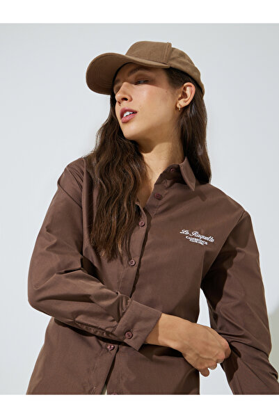 Styli Brown Oversized Shirt with Embroidery Detail