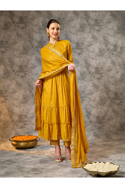 Silver Lime By Styli Mustard Foil Printed Kurta, Kali and Dupatta Set