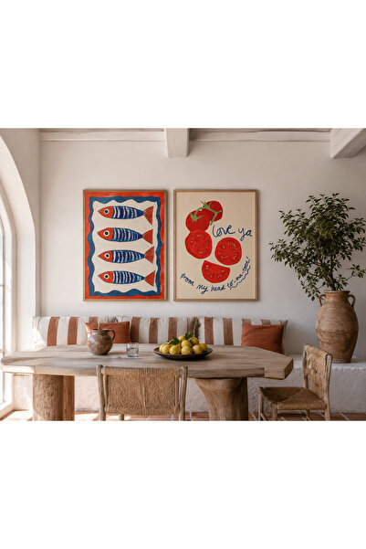 Boho wellness studio Balık ve Domates Akdeniz İkili Poster Seti – Ahşap Çerçe...