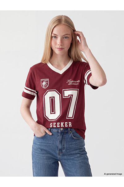LC Waikiki Vizyon New Season Burgundy Printed Oversize Women's T-Shirt