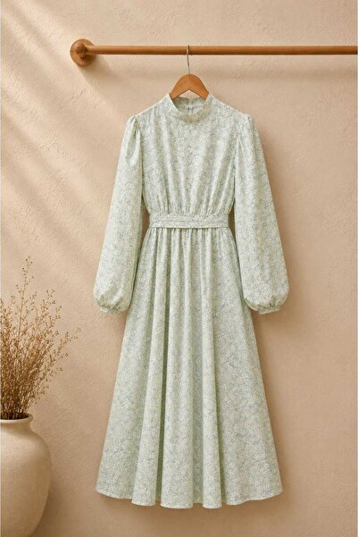 KÜÇÜĞÜM BUTİK Hijab-Compliant High Neck Daisy Water Green Flared Dress