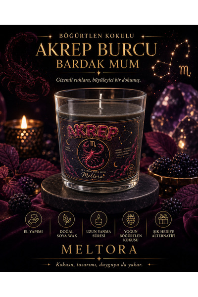 Akrep Burcu Böğürtlen Kokulu Bardak Mum 🦂 Siyah Renkli Burç Yorumu Detaylı Dekoratif Soya Mum