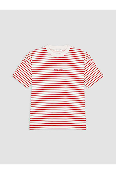 LC Waikiki Lcw Modest Red Striped 100% Cotton Women's T-Shirt