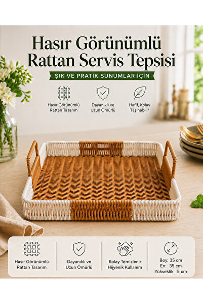 NUHA Kare Rattan Servis Tepsisi & Sunumluk 35x35