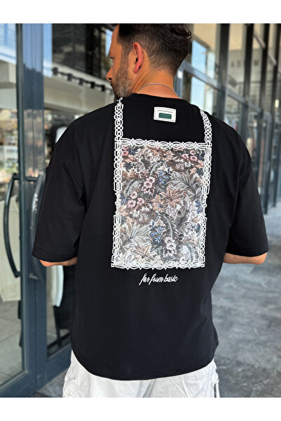 BYBASICMAN Black Vintage Floral Patch Oversized T-Shirt Res-1125