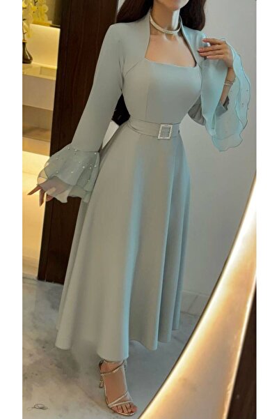 NO BRAND Light Sky Blue Dress with Crystal Sleeves