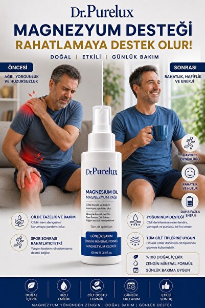 Dr.Purelux Magnezyum Yağı - Yorgunluğa Karşı Destekleyici, Kas, Eklem, Boyun ve Tüm Vücut Bölgesi İçin Rahatlatıcı Masaj Spreyi 100 ml
