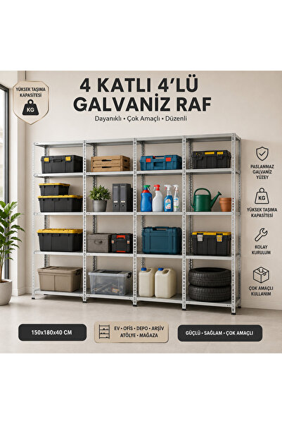 ALANRAF 4 Katlı 4'lü Galvaniz Çelik Raf - Depo, Arşiv, Kiler, Dosya, Market R...
