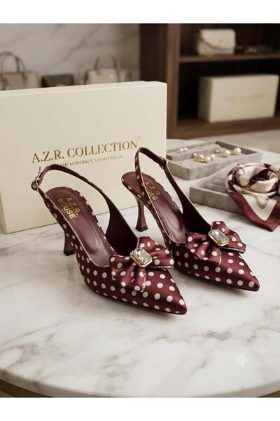 AZR New Season Heel-Headed Shoes with Polka Dot Pattern, Bow and Buckle Details