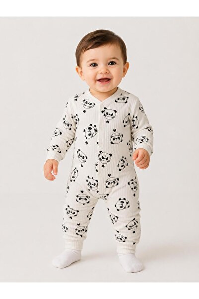 Gökçe Baby Panda Patterned Organic Cotton Baby Romper – Long Sleeve Snap Fast...