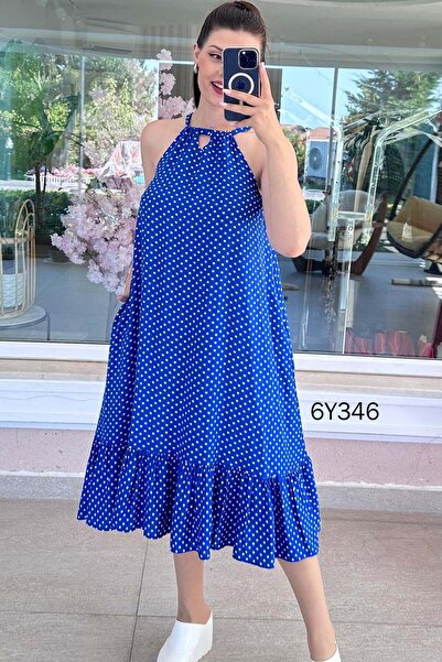 İnce Topuk Halter Neck Polka Dot Viscose Dress 6Y346
