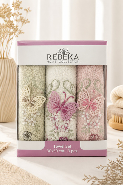 Rebeka Home Collection Bella Butterfly Embroidered 3-Piece Boxed Face Towel S...