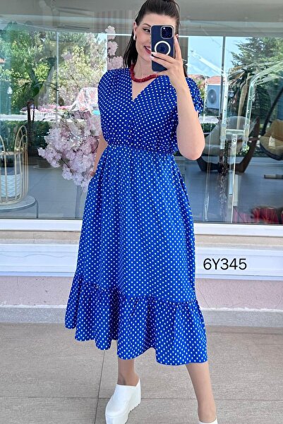 İnce Topuk V-Neck Polka Dot Viscose Dress with Elastic Waist 6Y345
