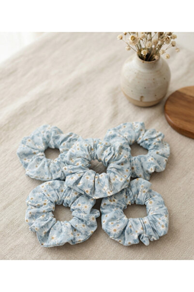 Se&On dizayn 5 li set Papatya Desenli Kumaş Scrunchie Lastik Toka simit toka