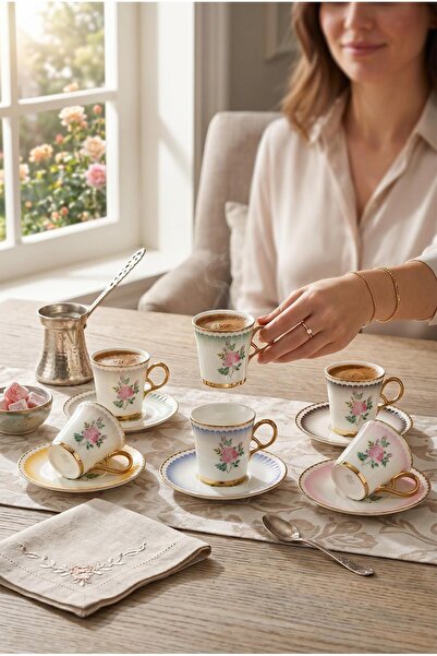 ALBETTO 6-Person Luxury Porcelain Coffee Cup Set Pink Rose