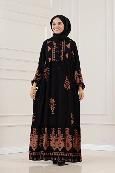 Sevitli Half Buttoned Robal Nesrin Dress-Black
