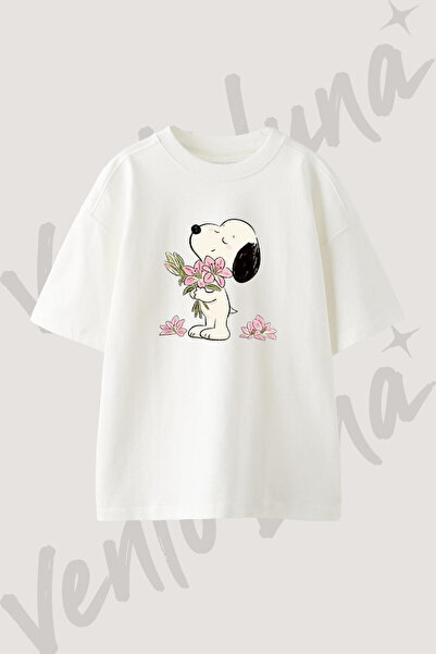 Vento Luna Snoopy Flower Tasarım Baskılı Unisex Oversize Kalıp Beyaz Tshirt