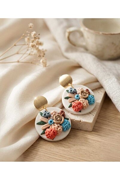 ankadizayn Women's Gold Plate Detailed 3D Flower Embossed White Round Earrings