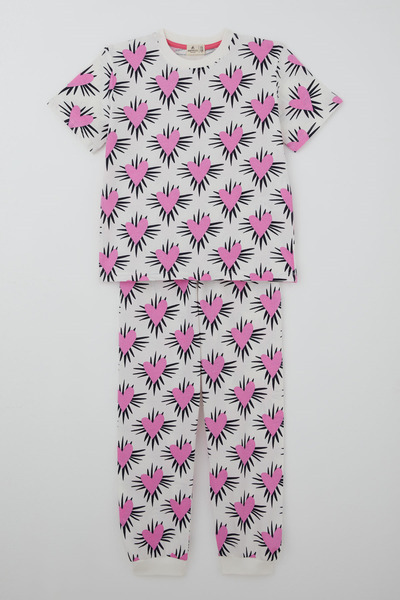 Paty Kids Girl's Pajama Set Short Sleeve Patterned, Ecru