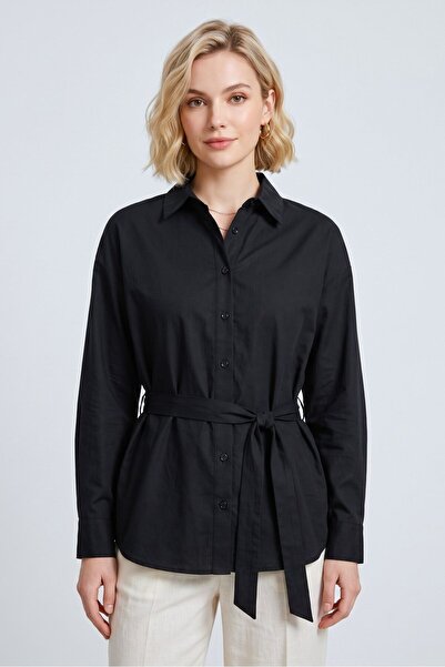 Saade Black Slit Detailed Belted Oversize Fit Long Shirt
