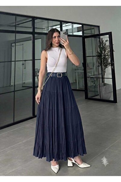 QUAWEAR Layered Tencel Crinkle Skirt with Elastic Waistband