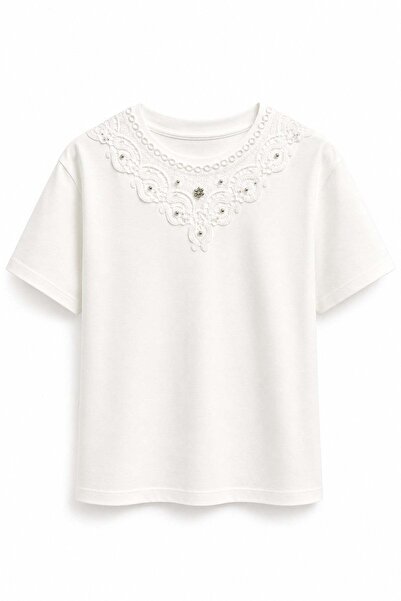 elif teke Beaded Lace Collar T-Shirt Ecru