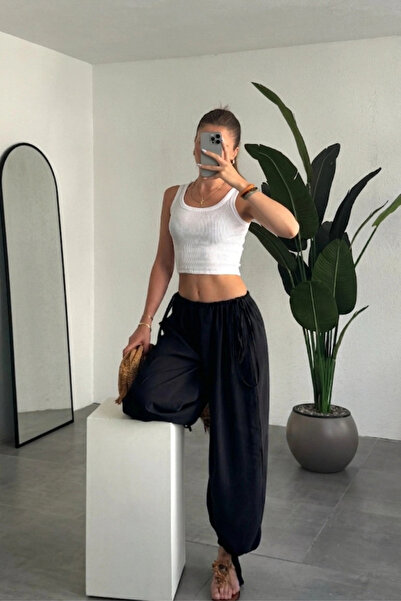 Nika Fashion Kadın Beli Büzgülü Paçası Bağlama Detaylı Dökümlü Modal Tensel K...