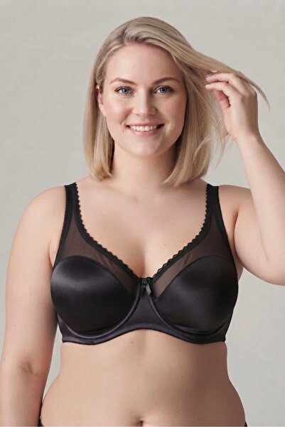Brashop Black Premium Satin Tulle Detailed Non-Padded Underwire (Wire-Free) C...