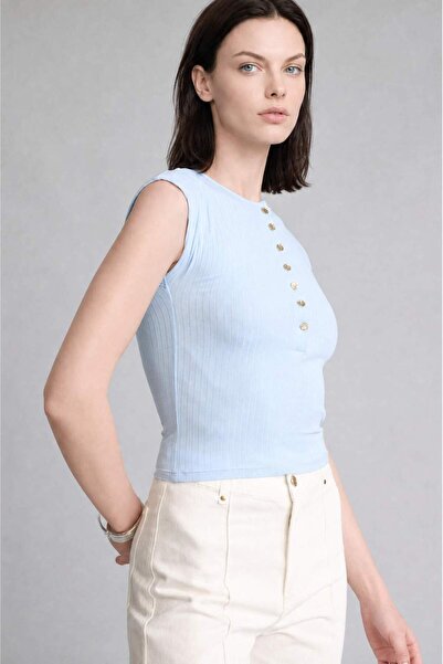 DeFacto Slım Fıt Bisiklet Yaka Fitilli Kolsuz Ecru Tişört H8061AX26SM