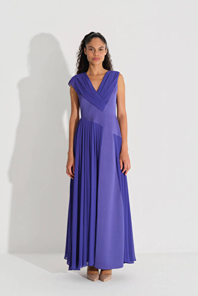 miha Hicran Önal V Yakasa Cut Chiffon Dress Purple